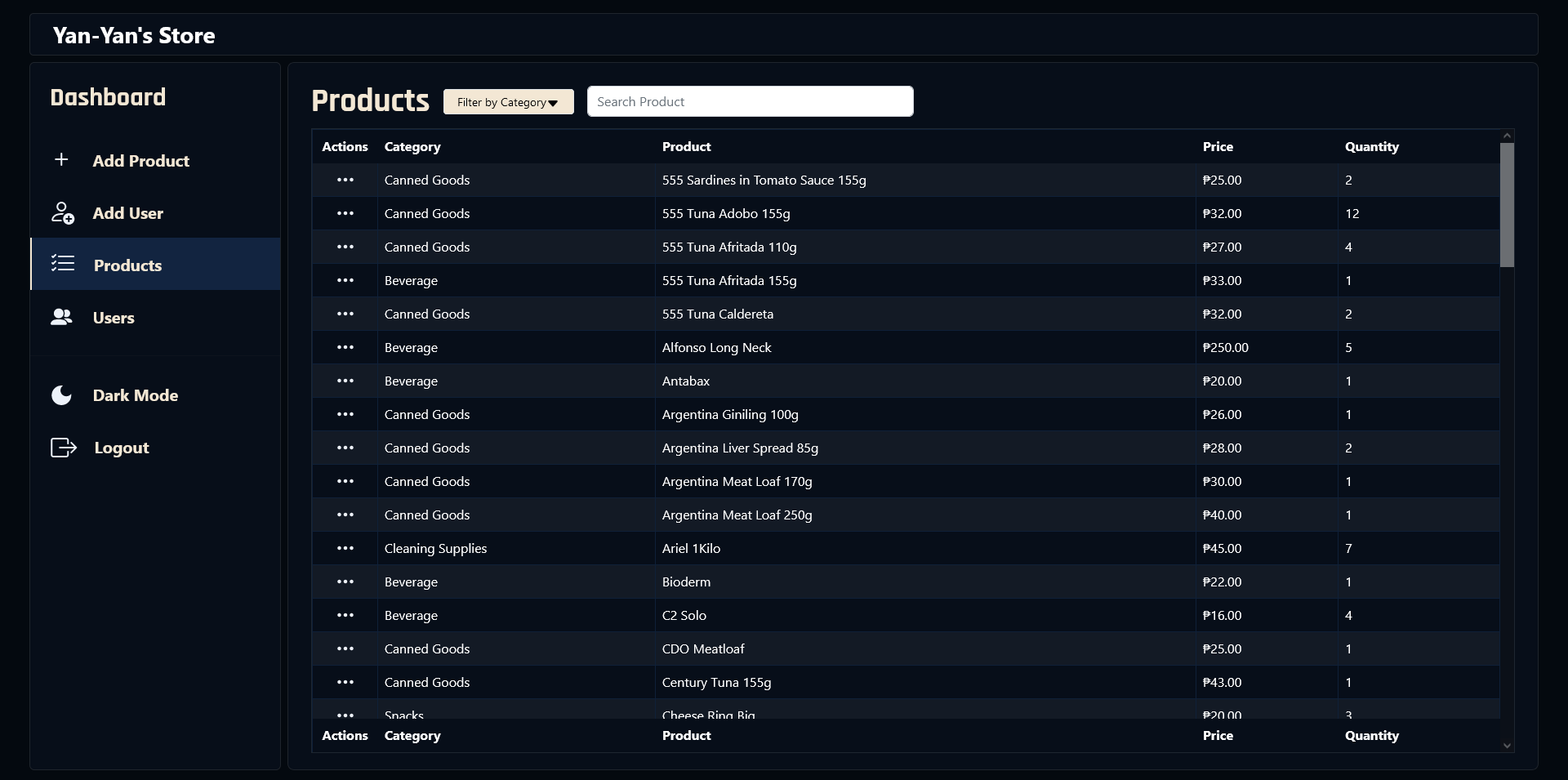 Yan-Yan's Store user interface
